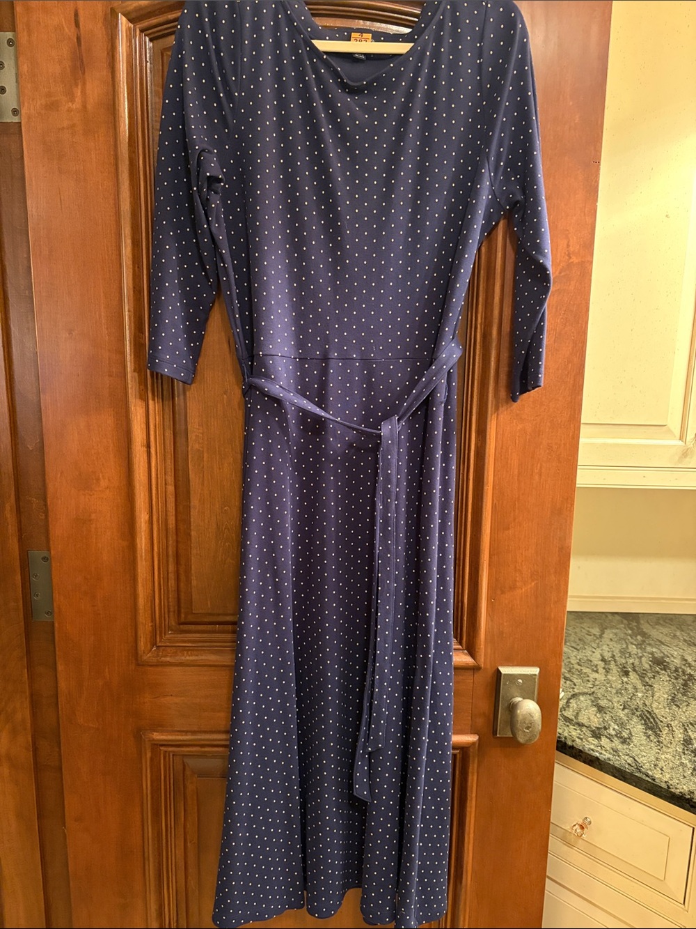 Lands' End Navy Polka Dot Dress with Tie Waist